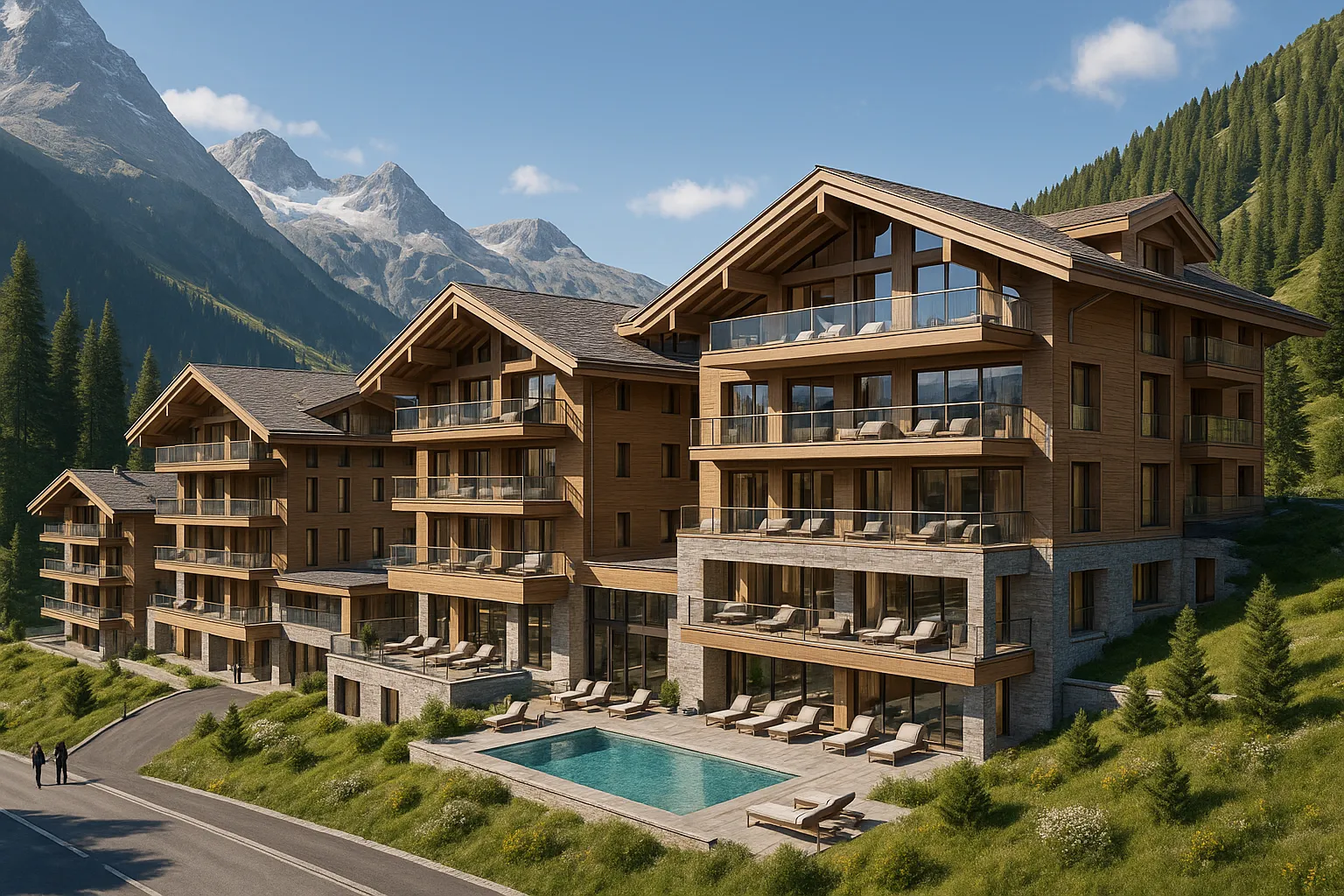 Rendu architectural — Résidences de Siviez par ImmoAlp, complexe hôtelier alpin de luxe